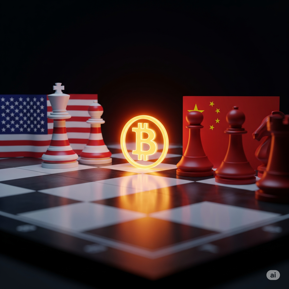 A chessboard with US and China-themed pieces facing off over a glowing Bitcoin logo in the center.