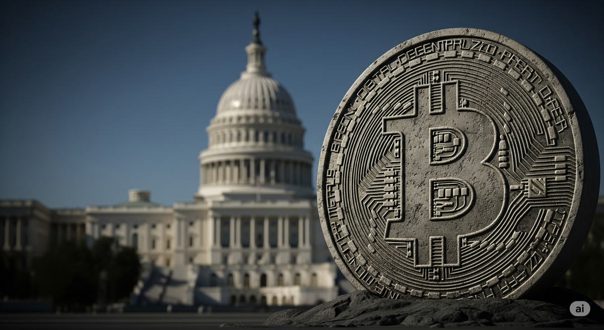 A large, stone Bitcoin logo stands in front of a blurred U.S. Capitol building, with dramatic lighting conveying a serious, geopolitical tone.