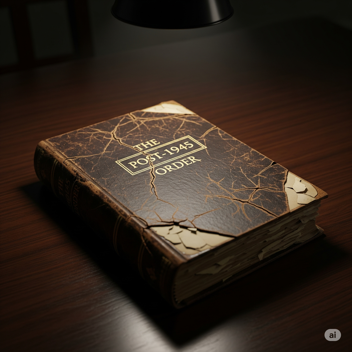 A weathered, leather-bound book with the title 'The Post-1945 Order' in faded gold leaf lies open on a dark table, symbolizing a bygone era.