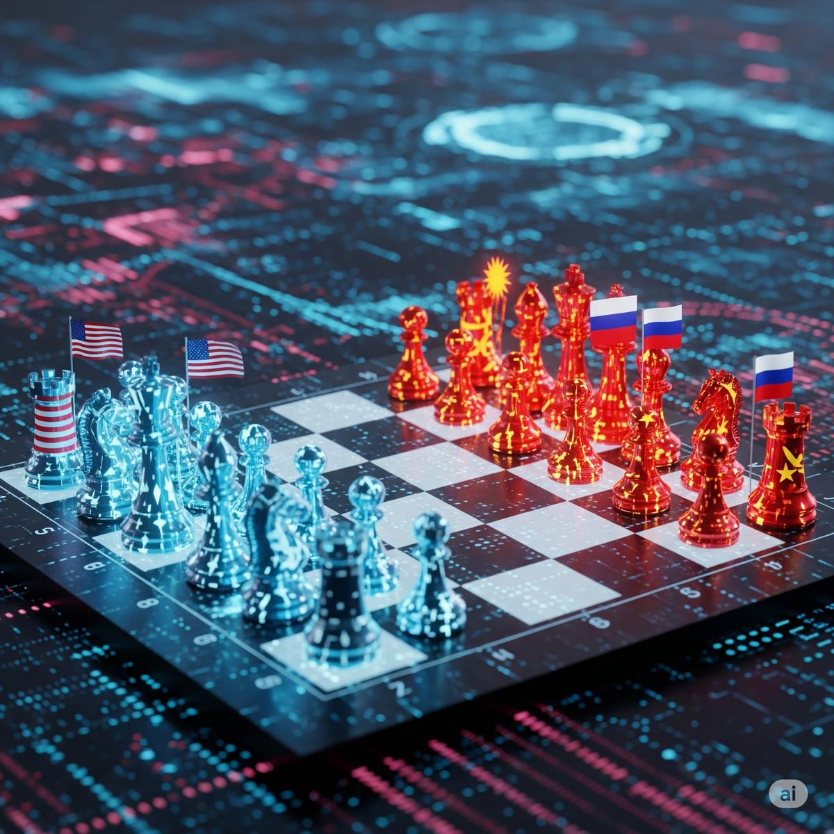 A chessboard with glowing, stylized pieces set up for a game. 